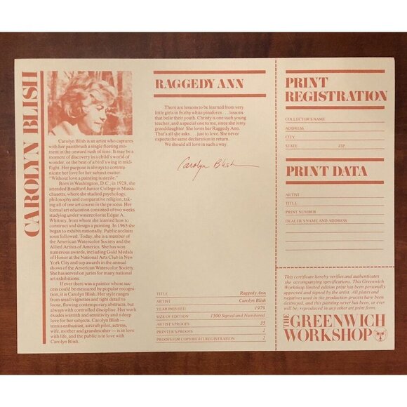 18"x20" Limited Edition Signed Numbered PRINT Raggedy Ann by CAROLYN BLISH 1979 - Picture 6 of 7